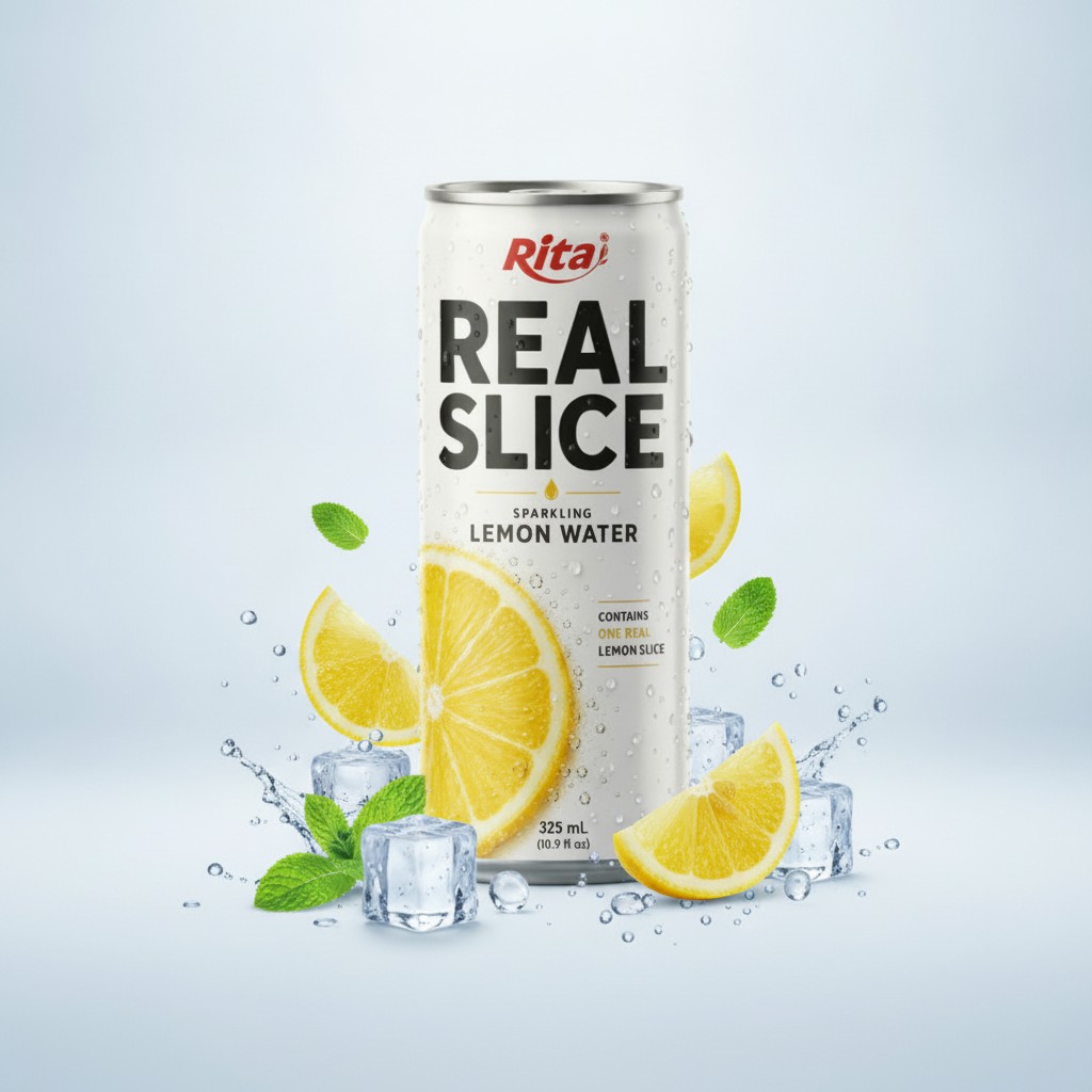 Real Lemon Slice Inside Sparkling Water 325ml Slim Cans– Refreshing Beverage Poster 2