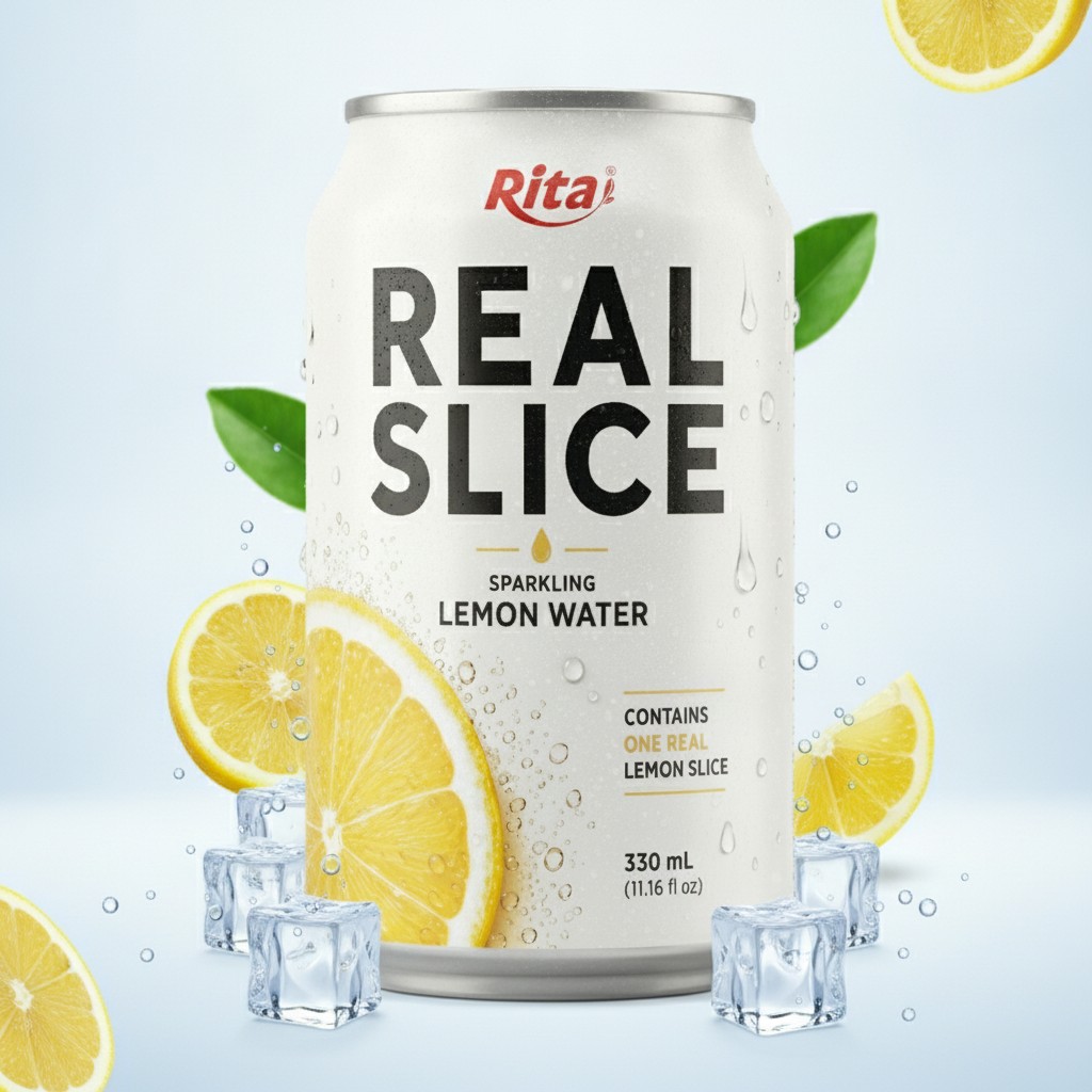Sparkling Lemon Water with Real Fruit Slices 325ml Can Poster 2