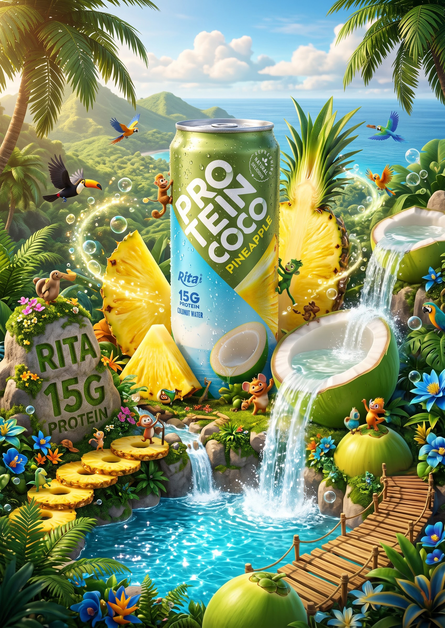 RITA Pineapple Flavored Protein Coconut Water 325ml Can with 15g Protein Poster 1