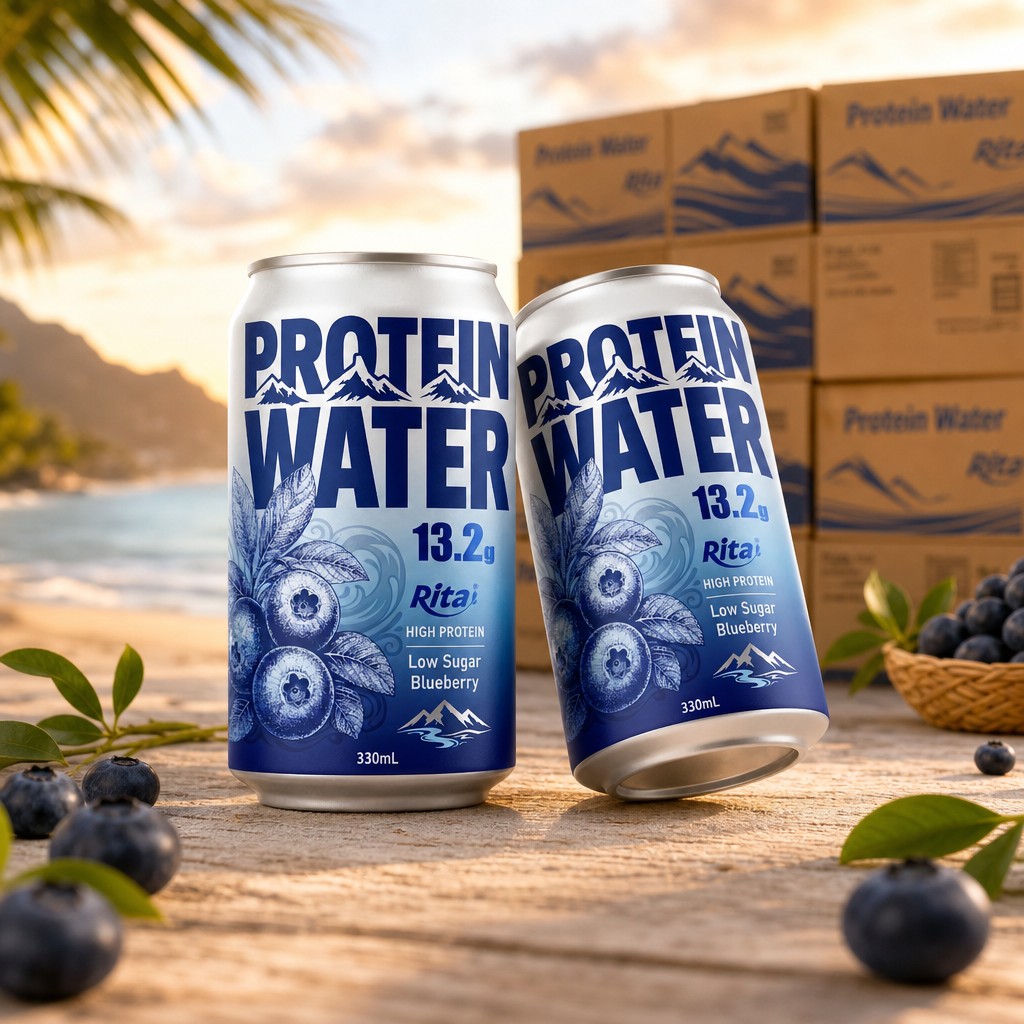 RITA High Protein Water Blueberry Drink cans ready for export distribution