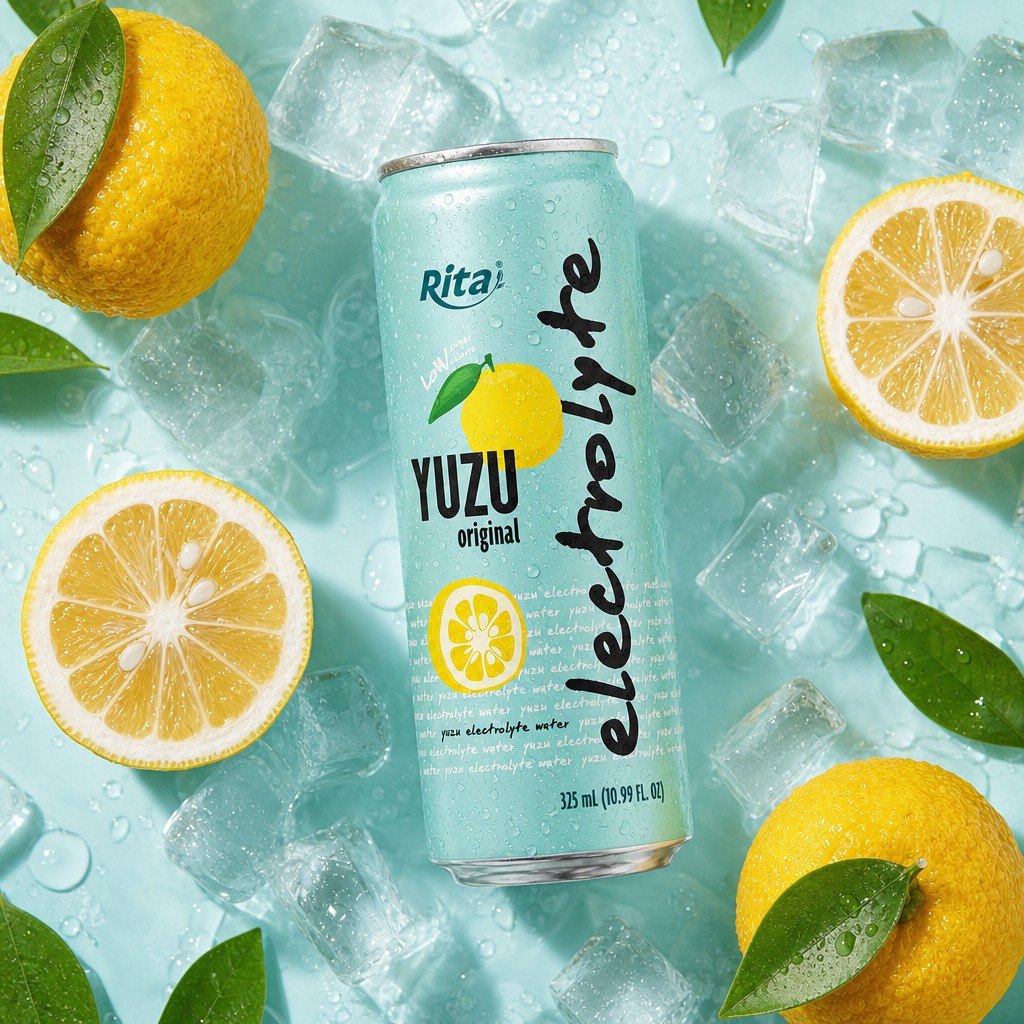 Yuzu electrolyte water drink displayed on retail shelf with fresh yuzu fruit