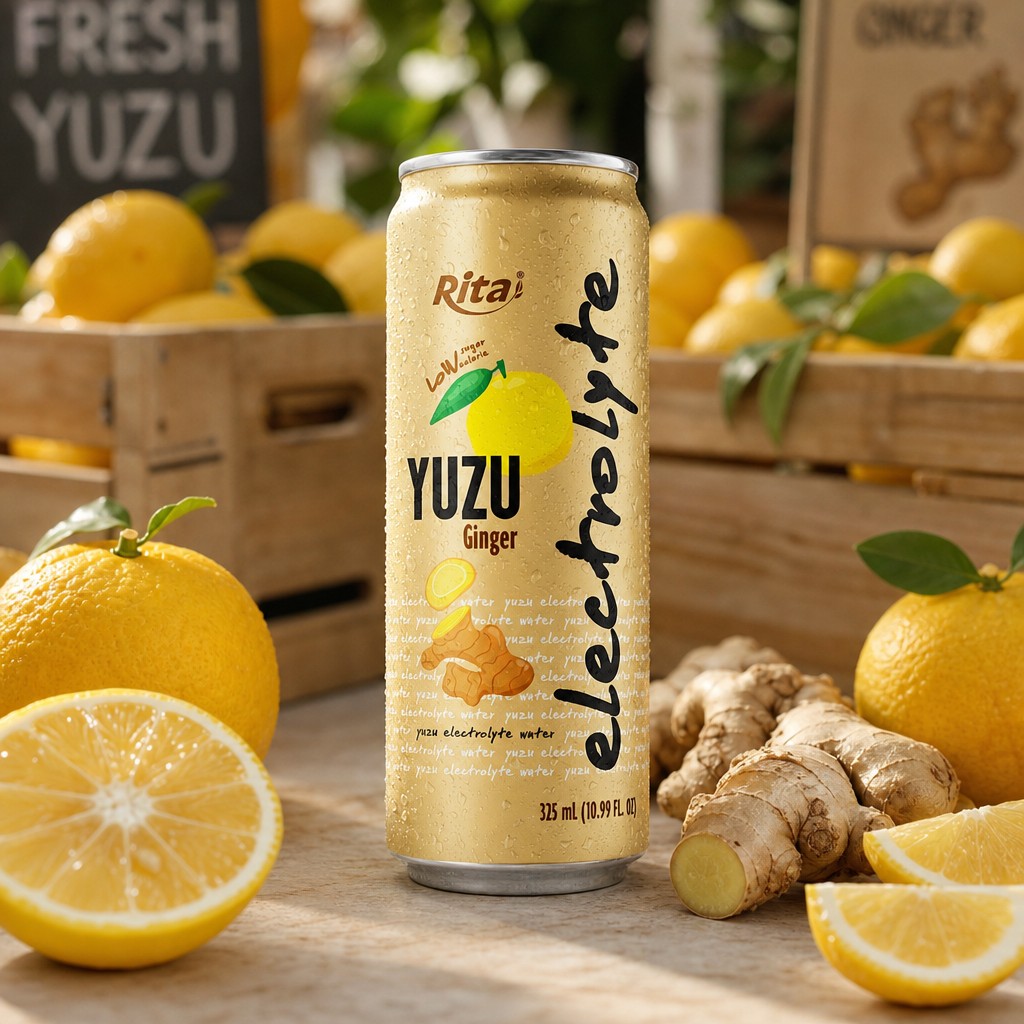 Yuzu ginger electrolyte water can with fresh citrus and ginger ingredients