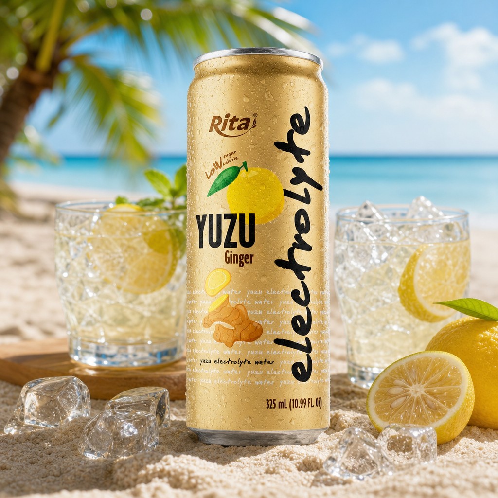 325ml aluminum can of yuzu ginger electrolyte water on a retail shelf